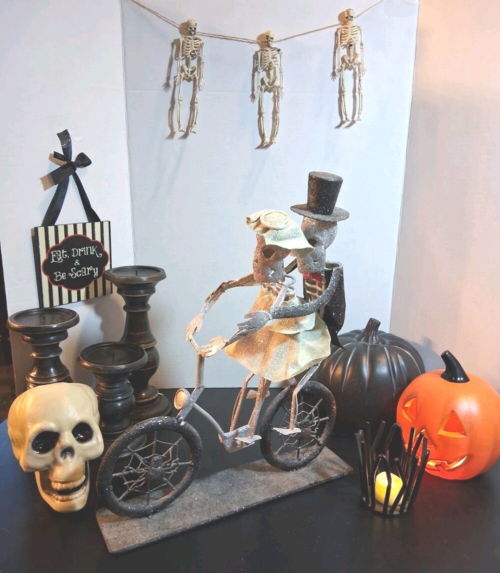 Metal Sparkle Skeleton Bride+Groom Bicycle Halloween Decor"Til Death Do We RIDE"